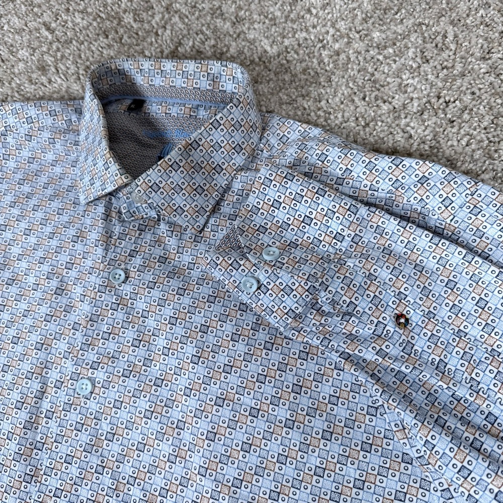Luchiano Visconti Shirt Mens XL Blue Geometric Cotton Luxury Hidden Button Down